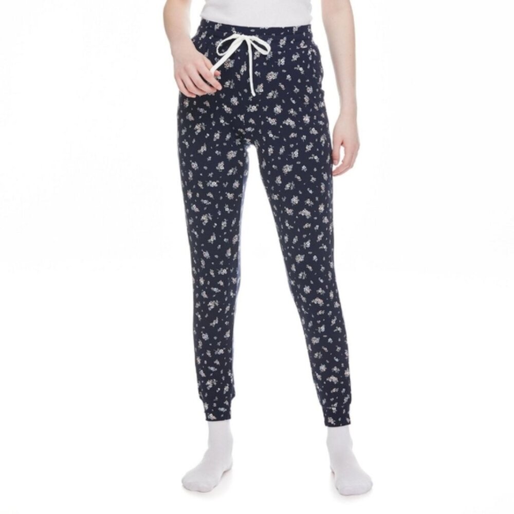 No Boundaries Jogger Pajama Lounge Pants Drawstring Navy Floral Pull On